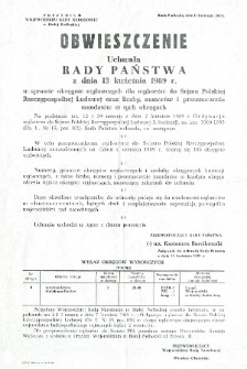 Obwieszczenie Uchwała Rady Państwa z dnia 13 kwietnia 1989 r. w sprawie okręgów wyborczych w wyborach do Sejmu... m.in. okręgu wyborczego nr 8 obejmującego woj. bialskopodlaskie