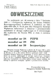 Obwieszczenie Okręgowej Komisji Wyborczej w Białej Podlaskiej o numerze i przeznaczeniu mandatów w okręgu wyborczym nr 8