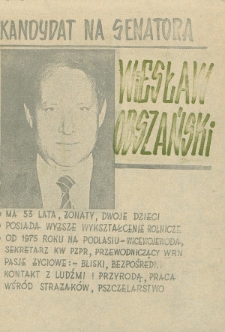 Ulotka wyborcza kandydata na senatora Wiesława Obszańskiego