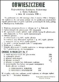 Obwieszczenie Wojewódzkiego Komisarza Wyborczego w Białej Podlaskiej oz dn. 30 września 1990 r. o wynikach ponownych wyborów do Rady Gminy w Międzyrzecu Podlaskim