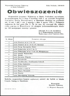 Obwieszczenie Wojewódzkiego Komisarza Wyborczego w Białej Podlaskiej o utworzeniu 15 okręgów jednomandatowych dla wyboru rady gminy w Huszlewie