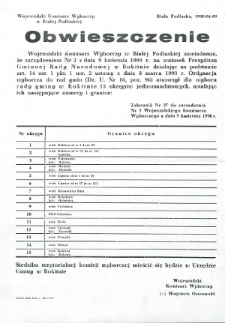 Obwieszczenie Wojewódzkiego Komisarza Wyborczego w Białej Podlaskiej o utworzeniu 15 okręgów jednomandatowych dla wyboru rady gminy w Rokitnie
