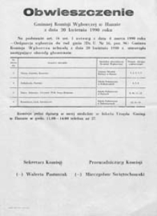 Obwieszczenie Gminnej Komisji Wyborczej w Hannie z dn. 20 kwietnia 1990 o utworzeniu obwodów głosowania w gminie