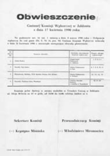 Obwieszczenie Gminnej Komisji Wyborczej w Jabłoniu z dn. 17 kwietnia 1990 r. o utworzeniu obwodów do głosowania w gminie
