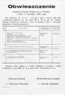 Obwieszczenie Gminnej Komisji Wyborczej w Kodniu z dn. 20 kwietnia 1990 o utworzeniu obwodow głosowania w gminie