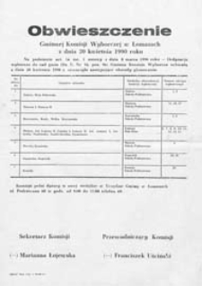 Obwieszczenie Gminnej Komisji Wyborczej w Łomazach z dn. 20 kwietnia 1990 o utworzeniu obwodów głosowania w gminie