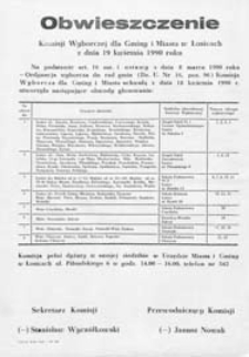 Obwieszczenie Komisji Wyborczej dla Miasta i Gminy w Łosicach z dn. 19 kwietnia 1990 o utworzeniu obwodów głosowania w gminie