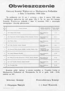 Obwieszczenie Gminnej Komisji Wyborczej w Międzyrzecu Podlaskim z dn. 12 kwietnia 1990 o utworzeniu obwodów głosowania w gminie