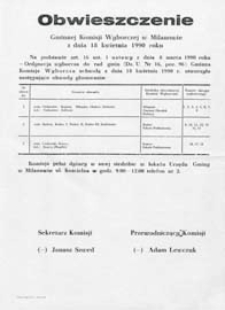 Obwieszczenie Gminnej Komisji Wyborczej w Milanowie z dn. 18 kwietnia 1990 roku o utworzeniu obwodów głosowania w gminie