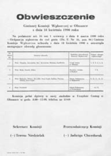 Obwieszczenie Gminnej Komisji Wyborczej w Olszance z dn. 18 kwietnia 1990 roku o utworzeniu obwodów głosowania w gminie