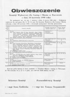 Obwieszczenie Komisji Wyborczej dla Gminy i Miasta w Parczewie z dn. 20 kwietnia 1990 o utworzeniu obwodów głosowania
