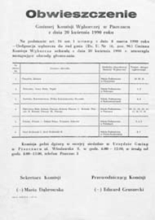 Obwieszczenie Gminnej Komisji Wyborczej w Piszczacu z dn. 20 kwietnia 1990 roku o utworzeniu obwodów głosowania w gminie
