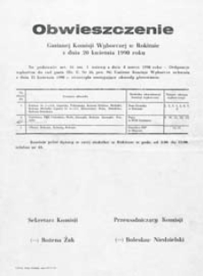 Obwieszczenie Gminnej Komisji Wyborczej w Rokitnie z dn. 20 kwietnia 1990 roku o utworzeniu obwodów głosowania w gminie
