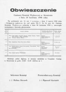 Obwieszczenie Gminnej Komisji Wyborczej w Siemieniu z dn. 20 kwietnia 1990 o utworzeniu obwodów głosowania w gminie