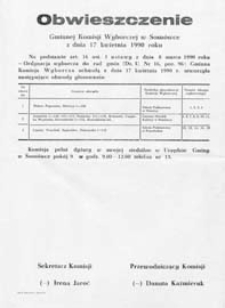 Obwieszczenie Gminnej Komisji Wyborczej w Sosnówce z dn. 17 kwietnia 1990 o utworzeniu obwodów głosowania w gminie