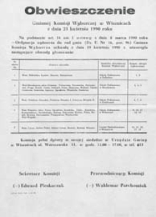 Obwieszczenie Gminnej Komisji Wyborczej w Wisznicach z dn. 23 kwietnia 1990 o utworzeniu obwodów głosowania w gminie
