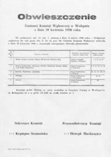 Obwieszczenie Gminnej Komisji Wyborczej w Wohyniu z dn. 20 kwietnia 1990 o utworzeniu obwodów głosowania w gminie
