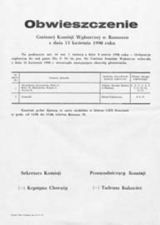 Obwieszczenie Gminnej Komisji Wyborczej w Rossoszu z dn. 13 kwietnia 1990 roku o utworzeniu obwodów głosowania w gminie