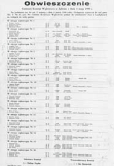 Obwieszczenie Gminnej Komisji Wyborczej w Zalesiu z dn. 4 maja 1990 o kandydatach na radnych do rady gminy