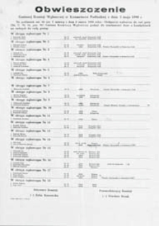 Obwieszczenie Gminnej Komisji Wyborczej w Komarówce Podlaskiej z dn. 3 maja 1990 roku o kandydatach na radnych do rady gminy