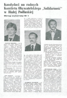 Ulotka wyborcza kandydatów na radnych Komitetu Obywatelskiego "Solidarność" w Białej Podlaskiej : okręg wyborczy nr 1: Makaruk Tadeusz, Bem Mariusz, Juchimiuk Eugeniusz, Szczygielski Jerzy, Stefanowski Władysław,Izko Mirosław