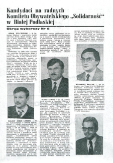 Ulotka wyborcza kandydatów na radnych Komitetu Obywatelskiego "Solidarność" w Białej Podlaskiej : okręg wyborczy nr 6 : Wilczewski Adam, Zelent Józef, Śledź Zenon, Konarski Stefan, Mulawa Jan