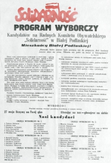 Plakat z programem wyborczym kandydat&oacute;w na radnych Komitetu Obywatelskiego "Solidarność" w Białej Podlaskiej
