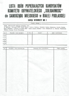 Druk ulotny : lista osób popierających kandydatów na radnych Komitetu Obywatelskiego "Solidarność" w Białej Podlaskiej