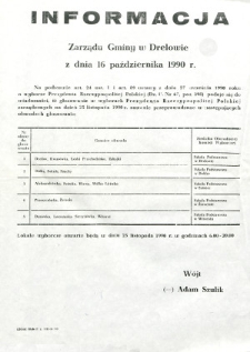 Informacja Zarządu Gminy w Drelowie z dnia 16 października 1990 roku o obwodach głosowania w gminie wyborach Prezydenta Rzeczypospolitej Polskiej