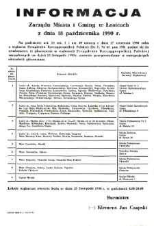Informacja Zarządu Miasta i Gminy w Łosicach z dnia 18 października 1990 roku o obwodach głosowania w wyborach Prezydenta Rzeczypospolitej Polskiej