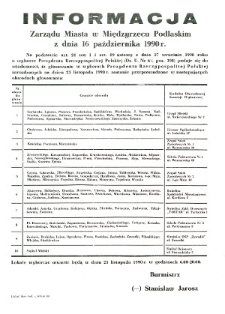 Informacja Zarządu Miasta w Międzyrzecu Podlaskim z dnia 16 października 1990 roku o obwodach głosowania w wyborach Prezydenta Rzeczypospolitej Polskiej
