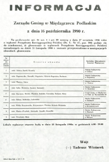 Informacja Zarządu Gminy w Międzyrzecu Podlaskim z dnia 16 października 1990 roku o obwodach głosowania w wyborach Prezydenta Rzeczypospolitej Polskiej