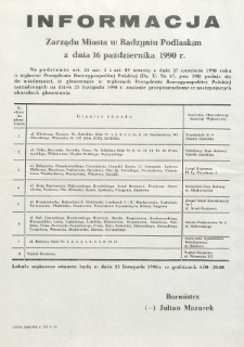 Informacja Zarządu Miasta w Radzyniu Podlaskim z dnia 16 października 1990 roku o obwodach głosowania w wyborach Prezydenta Rzeczypospolitej Polskiej