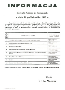 Informacja Zarządu Gminy w Sarnakach z dnia 16 października 1990 roku o obwodach głosowania w wyborach Prezydenta Rzeczypospolitej Polskiej