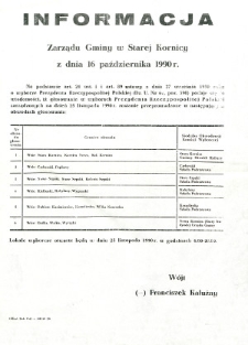 Informacja Zarządu Gminy w Starej Kornicy z dnia 16 października 1990 roku o obwodach głosowania w wyborach Prezydenta Rzeczypospolitej Polskiej