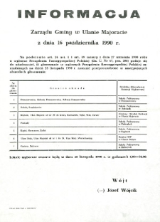 Informacja Zarządu Gminy w Ulanie Majoracie z dnia 16 października 1990 roku o obwodach głosowania w wyborach Prezydenta Rzeczypospolitej Polskiej
