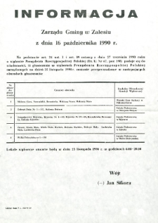 Informacja Zarządu Gminy w Zalesiu z dnia 16 października 1990 roku o obwodach głosowania w wyborach Prezydenta Rzeczypospolitej Polskiej