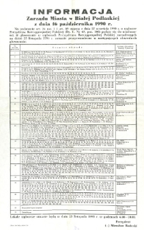 Informacja Zarządu Gminy w Białej Podlskiej z dnia 16 października 1990 roku o obwodach głosowania w wyborach Prezydenta Rzeczypospolitej Polskiej