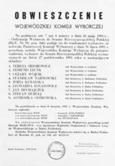 Obwieszczenie Wojewódzkiej Komisji Wyborczej w Białej Podlaskiej o składzie Komisji powołanej do przeprowadzenia wyborów do Senatu Rzeczypospolitej Polskiej