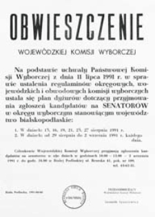 Obwieszczenie Wojewódzkiej Komisji Wyborczej w Białej Podlaskiej z dn. 11 lipca dot.przyjmowania zgłoszeń kandydatów na senatorów w okręgu wyborczym obejmującym woj. bialskopodlaskie