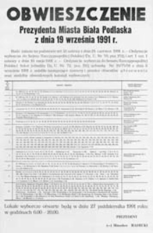 Obwieszczenie Prezydenta Miasta Biała Podlaska z dnia 19 września 1991 r. o granicach obwodów i siedzibach obwodowych komisji wyborczych w mieście