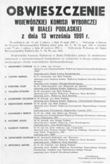 Obwieszczenie Wojewódzkiej Komisji Wyborczej w Białej Podlaskiej z dnia 13 września 1991 r. o zarejestrowanych kandydatach na senatorów w okręgu wyborczym obejmującym obszar województwa bialskopodlaskiego