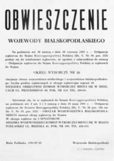 Obwieszczenie Wojewody Bialskopodlaskiego z dn. 22 lipca 1991 r. o utworzeniu okręgu wyborczego nr 26 obejmującego województwo bialskopodlaskie i siedleckie w wyborach do Sejmu Rzeczypospolitej Polskiej