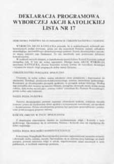 Deklaracja programowa Wyborczej Akcji Katolickiej : Lista nr 17