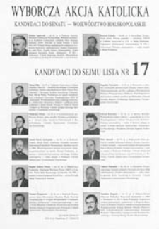 Ulotka Wyborczej Akcji Katolickiej kandydatów do Senatu z województwa bialskopodlaskiego i kandydatów do Sejmu - lista nr 17
