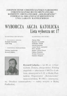 Ulotka wyborcza kandydata na senatora Komitetu Wyborczego "Wyborcza Akcja Katolicka" - Ryszarda Gałązki