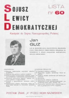 Ulotka wyborcza kandydata na posła Komitetu Wyborczego Sojuszu Lewicy Demokratycznej - Jana Guza