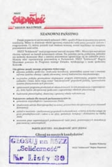 Ulotka wyborcza Komitetu Wyborczego NSZZ "Solidarnosć" Region Mazowsze