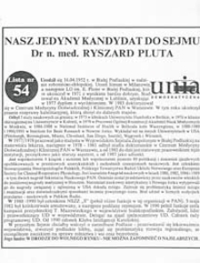 Ulotka wyborcza kandydata na posła Komitetu Wyborczego Unii Demokratycznej w okręgu siedlecko-bialskopodlaskim - Ryszarda Pluty
