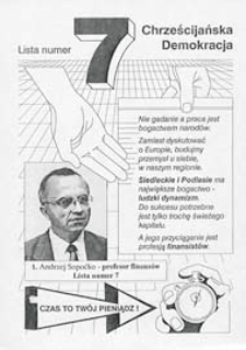 Ulotka wyborcza kandydata na posła Krajowego Komitetu Wyborczego "Chrześcijańska Demokracja" z okręgu siedlecko- bialskopodlaskiego - Andrzeja Sopoćko